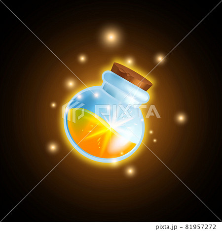 Magic potion bottle game vector icon, shiny alchemy elixir flask, UI cartoon wizard glass vial 81957272