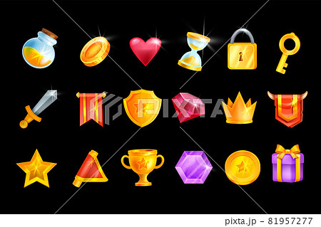 Game icon vector set, UI cartoon mobile app casino design element kit, golden coin, winner medal Game icon vector set, UI cartoon mobile app casino design element kit, golden coin, winner medal 81957277