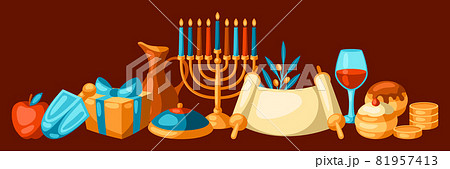 Happy Hanukkah background with religious symbols. Illustration with holiday objects. 81957413