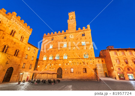 Volterra, Tuscany - Piazza dei Priori sunrise twilight. Volterra, Tuscany - Piazza dei Priori sunrise twilight. 81957724
