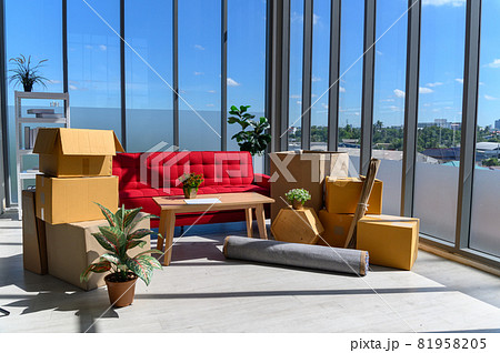 cardboard boxes stacked, plants, comfortable couch near big window inside of modern living room in new house, celebrating moving to new home concept, no people cardboard boxes stacked, plants, comfortable couch near big window inside of modern living room in new house, celebrating moving to new home concept, no people 81958205