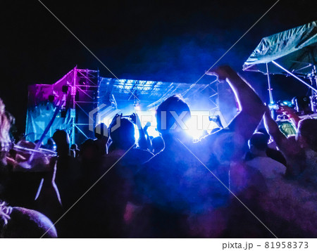 Crowd raising their hands and enjoying great festival party or concert. Crowd raising their hands and enjoying great festival party or concert. 81958373
