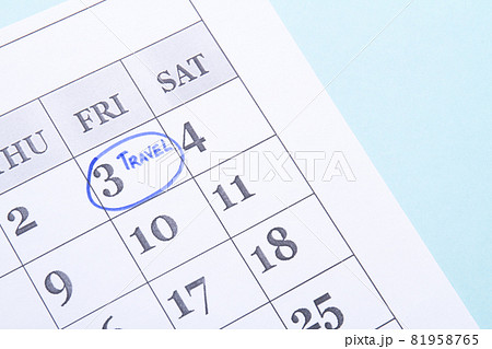 Travel day marked with a blue felt-tip pen. Travel day marked with a blue felt-tip pen. 81958765