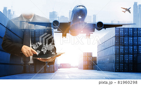 Double exposure of delivery industry and logistics concept container truck ,ship in port and freight cargo plane in transport and import-export commercial logistic ,blue tone Double exposure of delivery industry and logistics concept container truck ,ship in port and freight cargo plane in transport and import-export commercial logistic ,blue tone 81960298