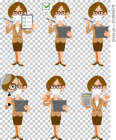 マスクをつけて虫眼鏡や書類を持ったオフィスで働く女性のイラストのイラスト素材