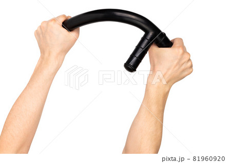 two white arms bending black rubber police baton isolated on white background 81960920