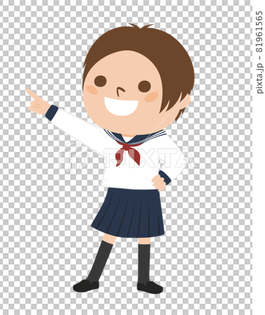 Illustration of a schoolgirl. A girl in uniform pointing to the future. 81961565