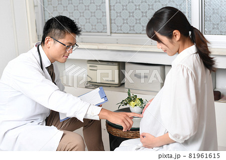 産婦人科で受診する妊婦の女性と診察をする白衣姿の若い男性医師の写真素材