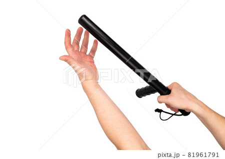 two white arms with black rubber police baton isolated on white background two white arms with black rubber police baton isolated on white background 81961791