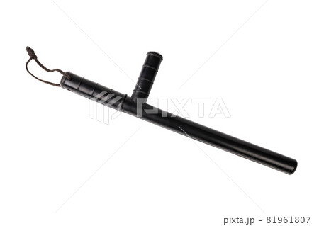 Black classic rubber police tonfa baton isolated on white background in top-down flat lay perspective. 81961807