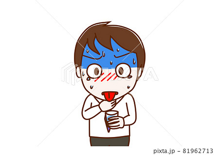 上半身 正面 喉に何かが詰まって冷や汗を垂らしながら苦しみ水を飲もうとする男性のイラスト素材