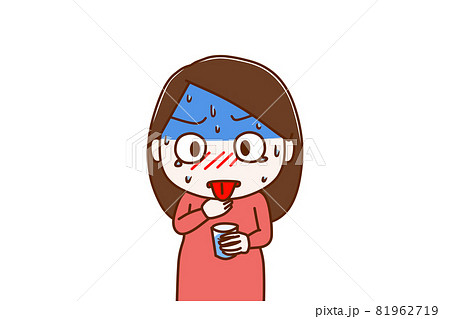 上半身 正面 喉に何かが詰まって冷や汗を垂らしながら苦しみ水を飲もうとする女性のイラスト素材
