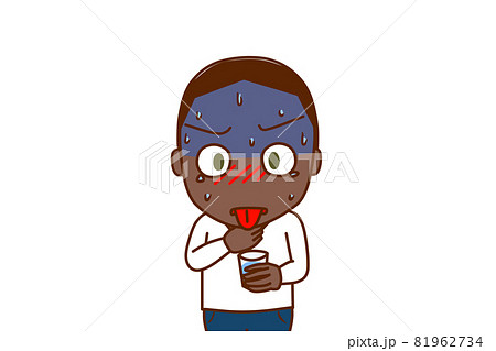 上半身 正面 喉に何かが詰まって冷や汗を垂らしながら苦しみ水を飲もうとするアフリカ系男性のイラスト素材