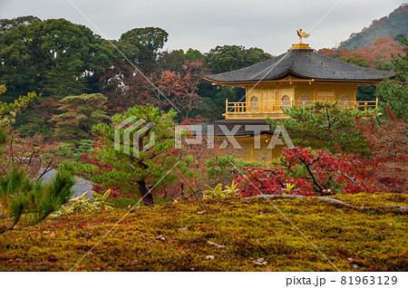 Beautiful Kinkakuji, golden pavilion temple surrounded by autumn garden on cloudy day, Kyoto. 81963129