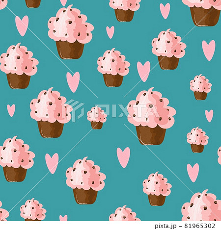 Seamless pattern with cute chocolate cupcakes and pink hand drawn hearts 81965302