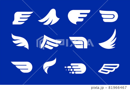 Collection of blue wings logos, icons and symbols. Fast delivery, motion and speed concept. 81966467