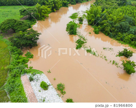 Aerial view river flood forest nature woodland area green tree, Top view river lagoon pond with water flood from above, Bird eye view landscape jungles lake flowing wild water after the rain Aerial view river flood forest nature woodland area green tree, Top view river lagoon pond with water flood from above, Bird eye view landscape jungles lake flowing wild water after the rain 81966800