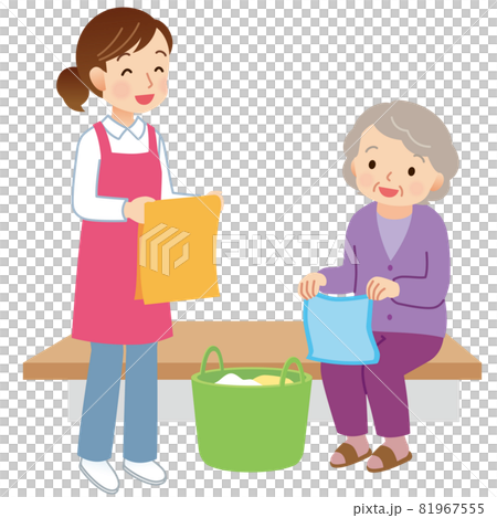 高齢者と一緒に洗濯物を畳むヘルパー 訪問介護のイラスト素材