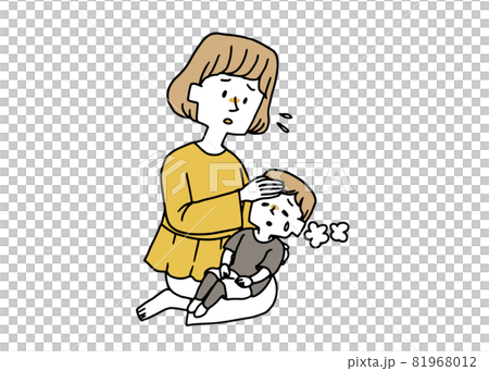 熱を出した子供のおでこに手を当てるママ 81968012