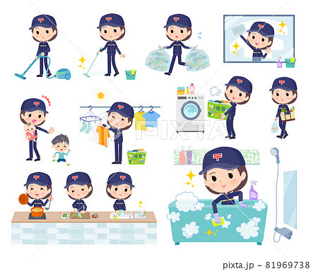 掃除や洗濯など家事に関する郵便配達員女性のセットのイラスト素材