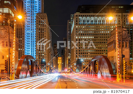 Scene of Chicago riverwalk cityscape at the twilight time, USA downtown skyline, illinois, United state of america, Architecture and building,travel with tourist concept Scene of Chicago riverwalk cityscape at the twilight time, USA downtown skyline, illinois, United state of america, Architecture and building,travel with tourist concept 81970417