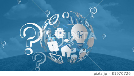 Image of question marks, digital icons and globe spinning on blue background 81970726