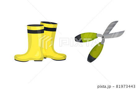 Rubber Boots and Pruner as Garden Tools and Equipment Vector Set Rubber Boots and Pruner as Garden Tools and Equipment Vector Set 81973443