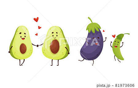 Cute Fruit and Vegetable Couples Holding Hands and Laughing Vector Set. 81973606