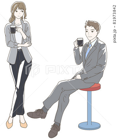 オフィスでコーヒー休憩をするビジネスマン 男女 カラーのイラスト素材