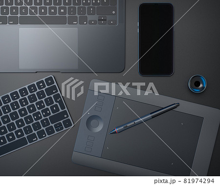 Top view of designer workspace and photography gear on black table background 81974294