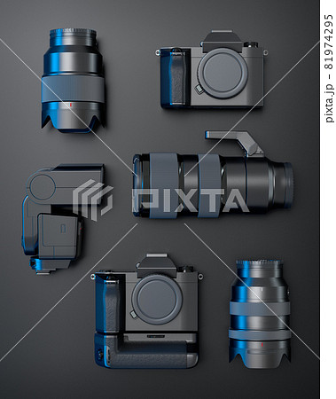 Top view of designer workspace and photography gear on black table background 81974295
