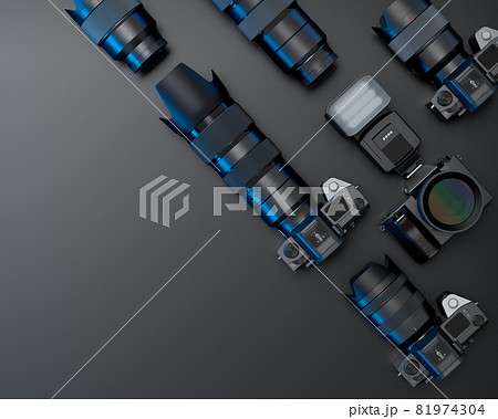 Top view of designer workspace and photography gear on black table background 81974304