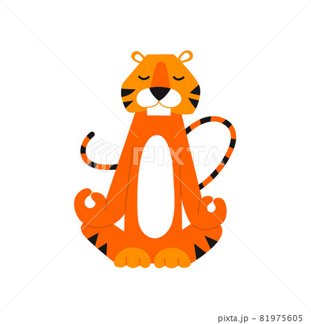 Tiger in cartoon style. Happy New Year 2022. Chinese horoscope. Vector isolated illustration. Cute sitting character. Home gymnastics exercises. Yoga meditation relax. Printing poster design template Tiger in cartoon style. Happy New Year 2022. Chinese horoscope. Vector isolated illustration. Cute sitting character. Home gymnastics exercises. Yoga meditation relax. Printing poster design template 81975605