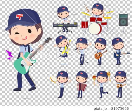 ロックンロールやポップミュージックを演奏する郵便配達員女性のセット 81975666