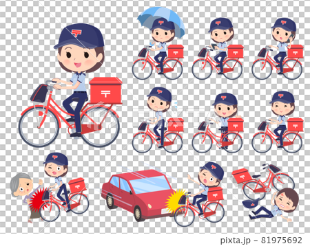 シティサイクルに乗った郵便配達員女性のセット 81975692