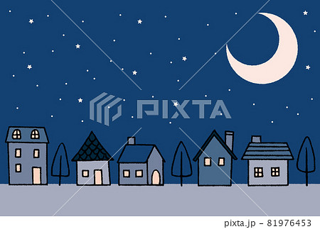 手描き風のまちなみ_夜の住宅街のイラスト素材 [81976453] - PIXTA