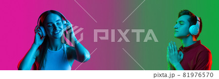 Collage of two young caucasian people, male and female, in headphones isolated over multicolored background Collage of two young caucasian people, male and female, in headphones isolated over multicolored background 81976570