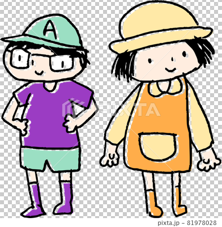 子供の落書き 子供 男女カップル かわいい 幼稚園児のイラスト素材