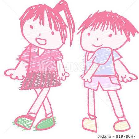 子供の落書き 子供 男女カップル かわいい 幼稚園児のイラスト素材