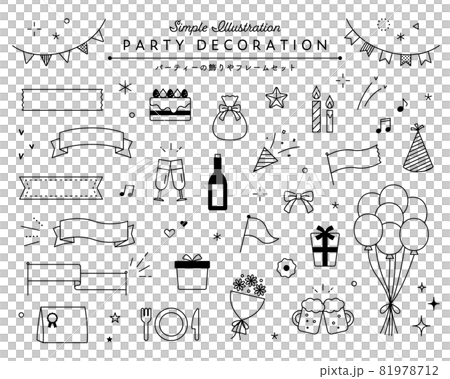 パーティーグッズの飾りイラストのセット　アイコン　フレーム　リボン　誕生日　イベント　装飾 81978712