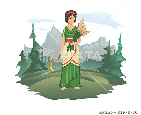 A woman in antique clothes with a sickle and ears of wheat. Forest and mountain landscape in the background. The Goddess of fertility, Demeter or Ceres. Vector illustration isolated on white. A woman in antique clothes with a sickle and ears of wheat. Forest and mountain landscape in the background. The Goddess of fertility, Demeter or Ceres. Vector illustration isolated on white. 81978750