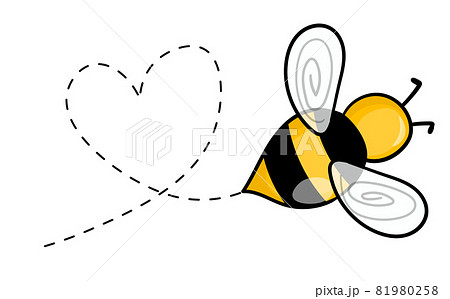 Cartoon bee mascot. A small bees flying on a dotted route. Wasp collection. Vector characters. Incest icon. Template design for invitation, cards. Doodle style 81980258