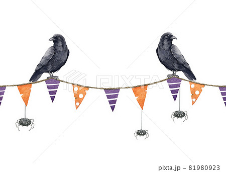 Halloween seamless garland. Hanging flags, black raven birds, spiders. Hand drawn triangle flags orange, purple element. Party festive spooky decor. Hanging bright seamless garland. White background 81980923