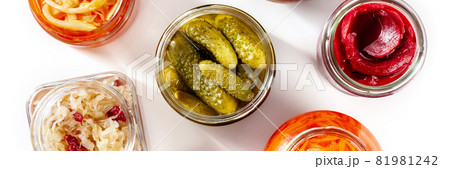 Fermented food panorama, shot from the top on a white background Fermented food panorama, shot from the top on a white background 81981242