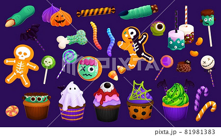 Cartoon Halloween sweets, cupcakes and lollipops, candy corns and witch finger cookies or marshmallows, vector. Halloween trick or treat skeleton skull candies or eyeball cakes and pumpkin biscuits 81981383