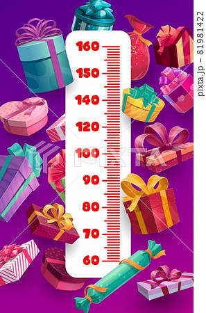 Christmas and birthday gifts kids height chart. Cartoon growth measure meter vector template with ruler scale, festive boxes and bags of presents, ribbons and bows, children stadiometer wall sticker Christmas and birthday gifts kids height chart. Cartoon growth measure meter vector template with ruler scale, festive boxes and bags of presents, ribbons and bows, children stadiometer wall sticker 81981422