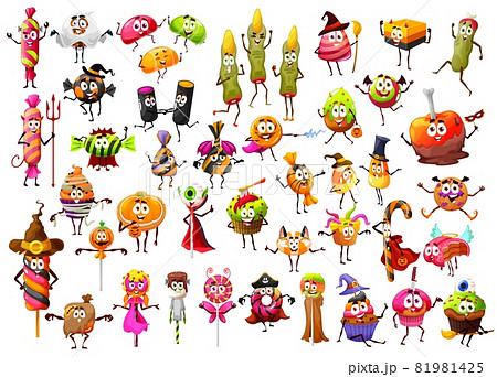 Halloween cartoon funny candies, lollipop witch fingers, candy corns and cupcakes, vector characters. Halloween holiday trick or treat sweets, scary pumpkin cookies, caramel skulls and liquorice bones 81981425