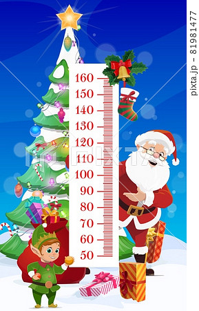 Kids height chart. Christmas tree and Santa Vector wall sticker growth meter for children height measurement with cartoon characters funny elf and Santa Claus, gifts near scale and xmas decor 81981477