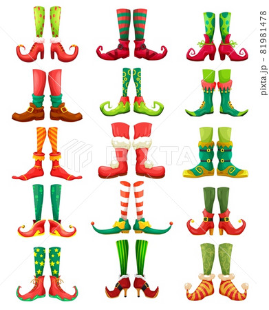 Christmas elf, leprechaun and Santa feet cartoon vector set. Legs and shoes of Xmas gnome, fairy and dwarf, fairy characters with funny colorful socks, stockings and boots, bells and bows 81981478