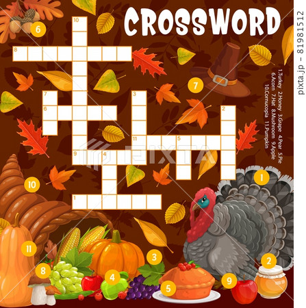 Thanksgiving turkey, cornucopia and meals, crossword puzzle game grid, vector. Find a word quiz worksheet or kids riddle with Thanksgiving pumpkin, autumn harvest, maple leaf, oak acorn and apple pie 81981512
